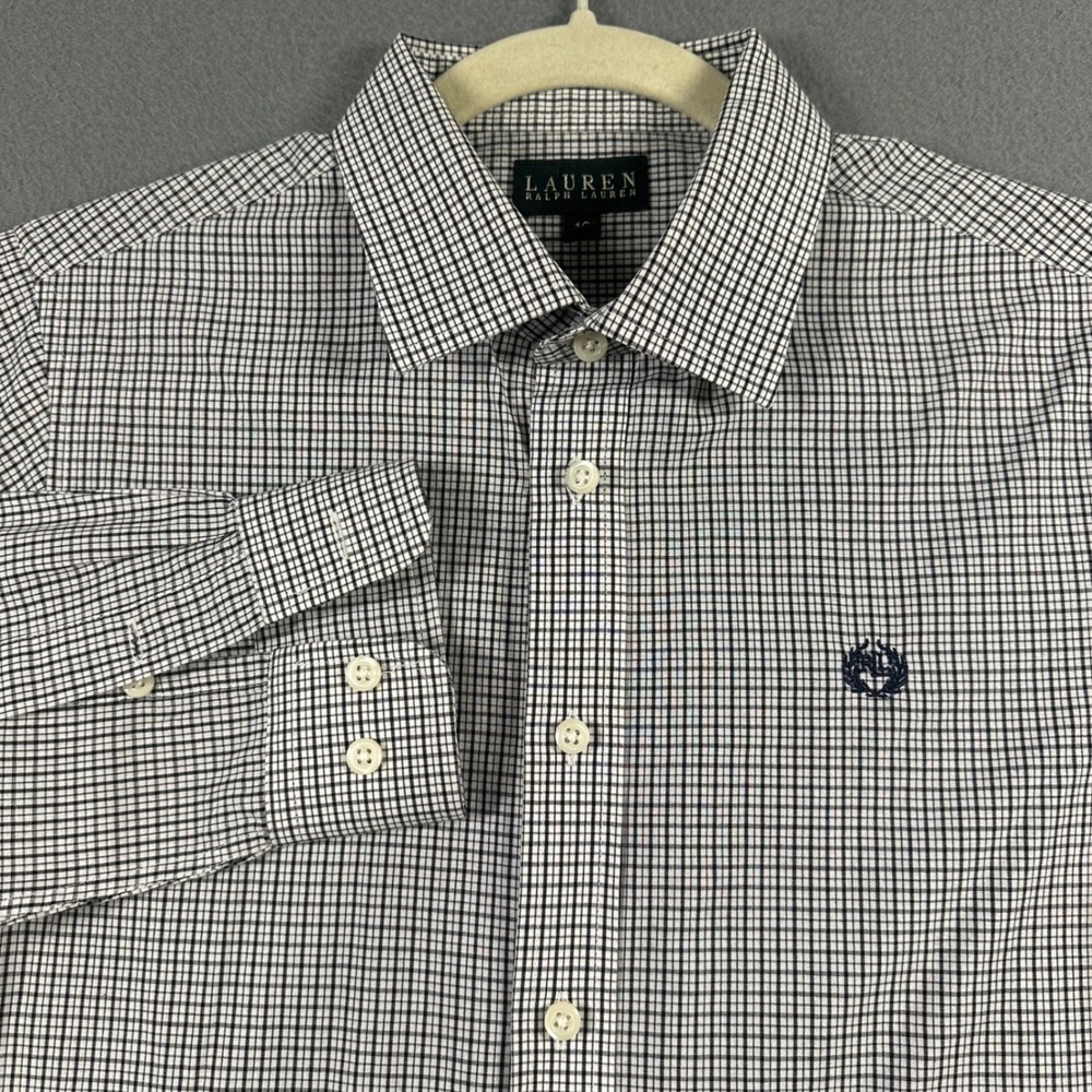 Lauren Ralph Lauren Navy White Micro Check Button Down Shirt Womens 16 Logo